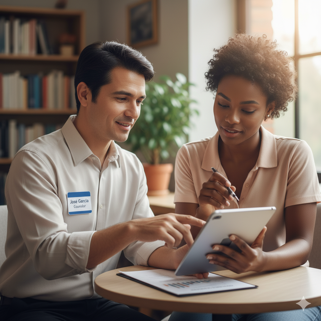Staff member providing guidance and support to participant